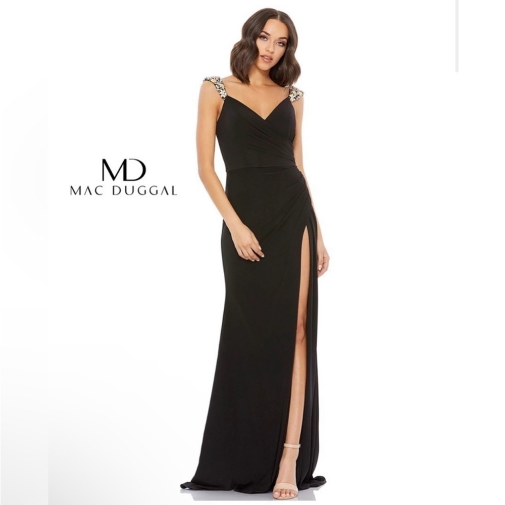 Mac Duggal Jeweled Floral Strap High Slit Black Maxi Dress Size 0 Stretch 77830